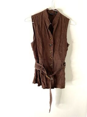 ecologie Brown 100% Linen Belted Tunic Vest Safari Utility Button Front Top